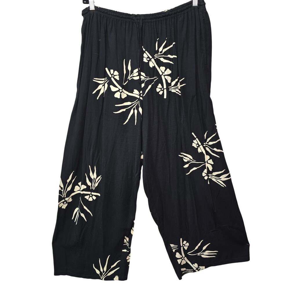 Handmade Palazzo Pants Womens Black Tropical Bamboo Floral Hawaiian Travel Rayon